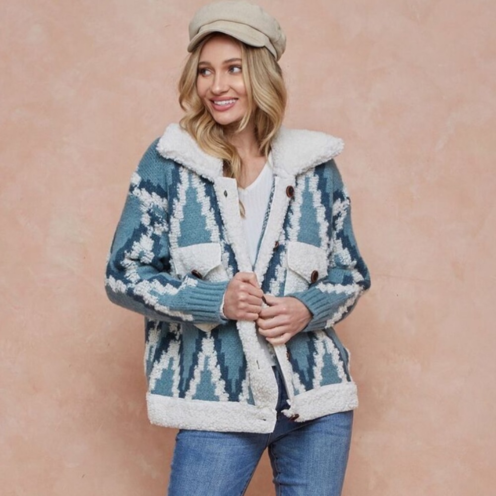 #5 LAST 1! Blue cream Tribal Aztec Bohemian Sherpa button relaxed jacket sweater - Picture 3 of 10